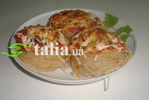 Рецепт. Спагетти с сыром и мясом запеченные Рецепт. Спагетти с сыром и мясом запеченные