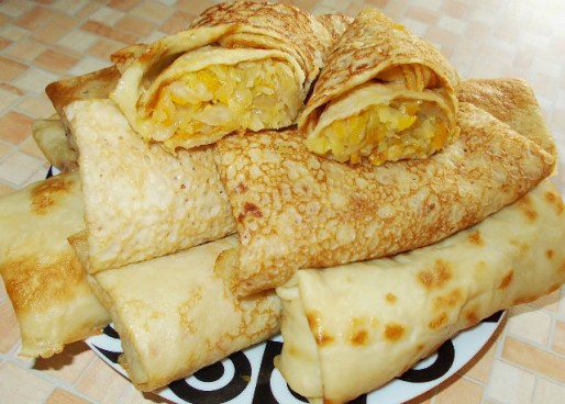 Рецепт. Блинчики с капустой (тушёной)