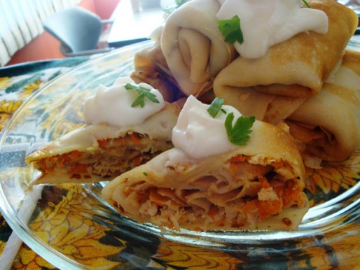 Рецепт. Блинчики с мясом и морковью
