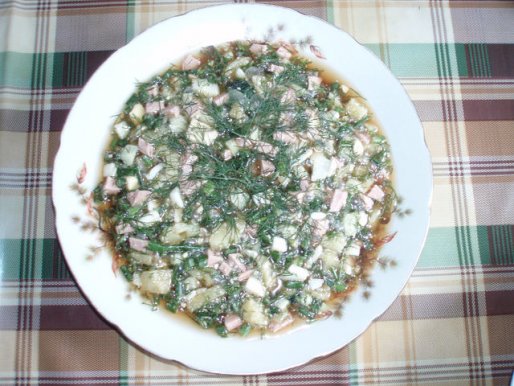 Рецепт. Окрошка на квасе с куриным мясом